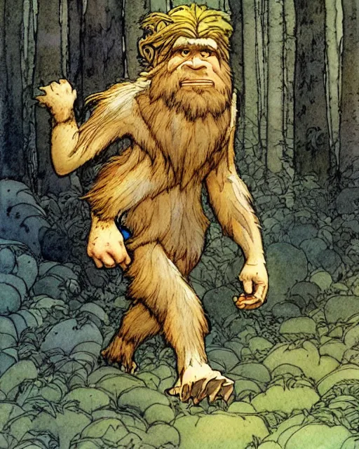 Image similar to a realistic and atmospheric watercolour fantasy character concept art portrait of a chibi bigfoot running through the forest. by rebecca guay, michael kaluta, charles vess and jean moebius giraud