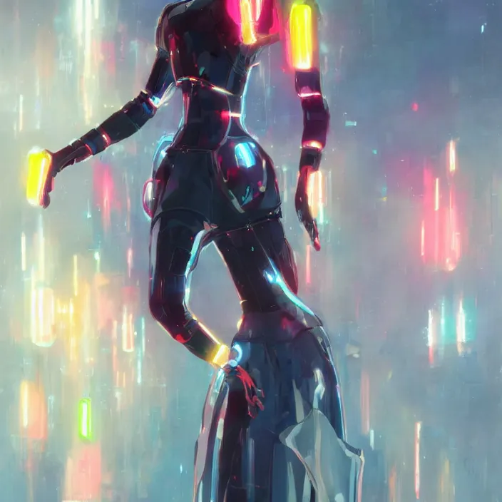 Image similar to a beautiful! bjork model, wearing futuristic cyber leather dress with faint articulated glowing neon colored lights, jrpg aztec street fashion, gapmoe yandere grimdark, trending on pixiv fanbox, painted by greg rutkowski makoto shinkai takashi takeuchi studio ghibli, akihiko yoshida