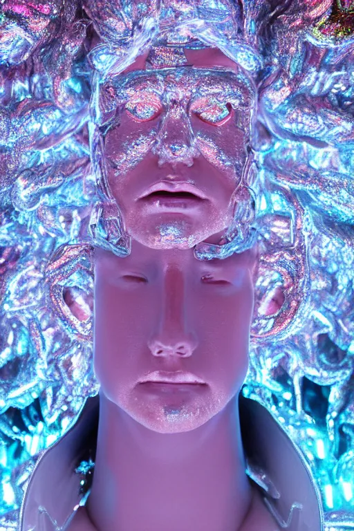 Image similar to hyper detailed ultra sharp portrait of baroque and bladerunner delicate neon diamond sculpture of seductive muscular albino king jesus, diamond pink sphinx iridescent humanoid deity wearing metallic hoody made out of hands holding the sun prismatic dungeon, glowing blue face, crown of white diamonds, cinematic lighting, photorealistic, octane render 8 k depth of field 3 d