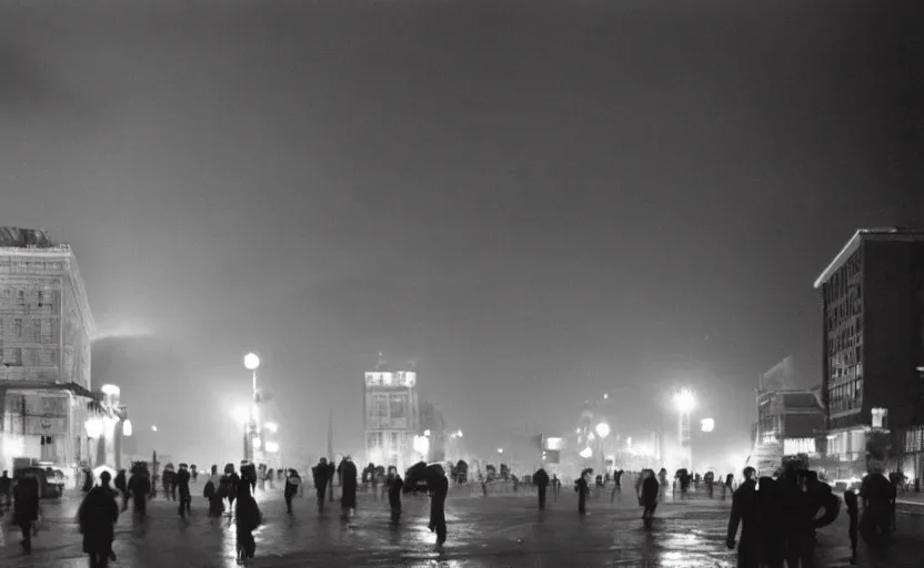 Prompt: 40s movie still of a sovietic street with many pedestrians silhouette with soviet highrise in the backround , Cinestill 800t 18mm, heavy grainy picture, very detailed, high quality, 4k panoramic, HD criterion, dramatic lightning, streetlight at night, rain, mud, foggy, CCCP flags all around