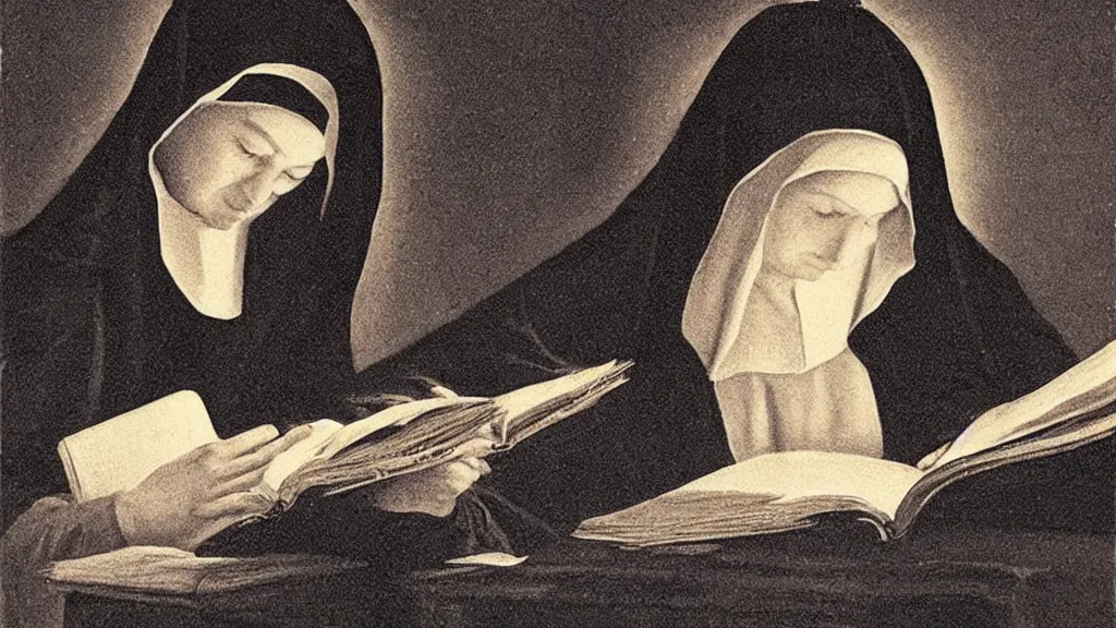 Prompt: chiaroscuro of a nun reading a book