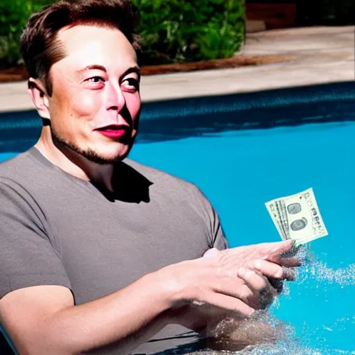 Prompt: Photography of elon musk swimming in a pool full of wads of cash cash money money money money money-n 8