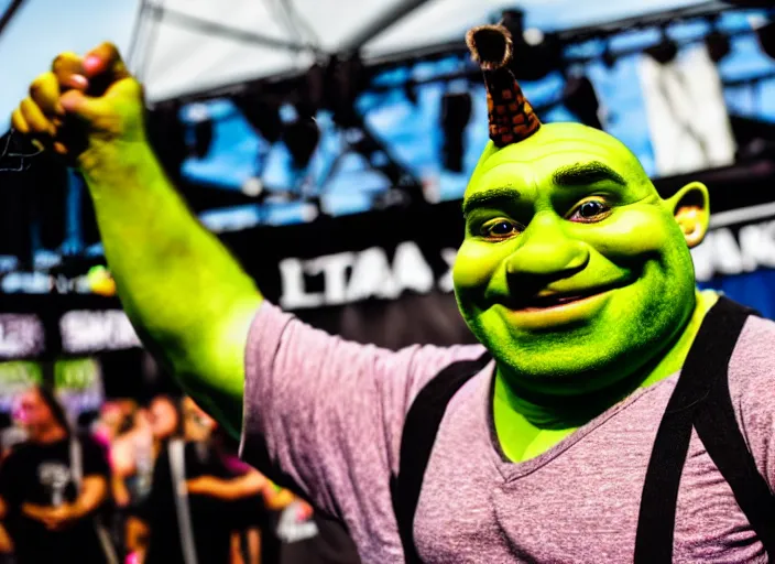 Image similar to photo still of shrek at the vans warped tour 2 0 1 8!!!!!!!! at age 3 6 years old 3 6 years of age!!!!!!!! getting lit in the pit, 8 k, 8 5 mm f 1. 8, studio lighting, rim light, right side key light