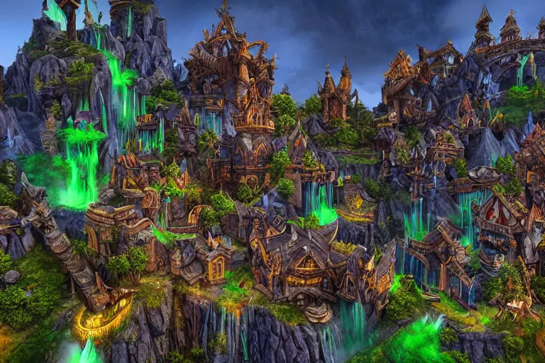 Prompt: a magnificent Warcraft-themed city. photorealism.