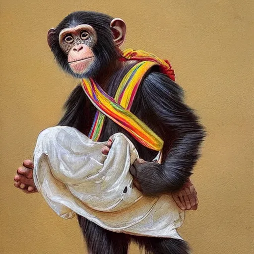 Image similar to beautiful painting by sophie anderson of a chimpanzee wearing traditional men kurdish clothes baggy pants and white shirt with a large sash tied around the waist in a kurdish village, award winning art, insanely detailed, bright colors, global illumination, cute, young, stunning