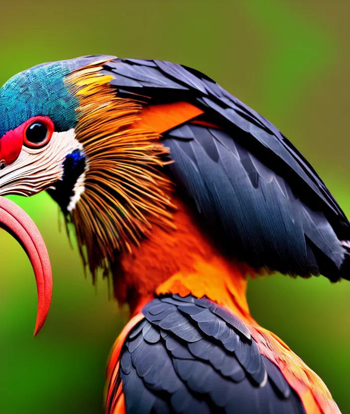 Prompt: a high resolution realistic photo portrait of a birdlike creature made of birds merged, bower bird creature wrinkles pheasant, complex feathers exotic morphing hoopoe, morphing wings king vulture head