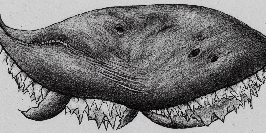 Image similar to pencil etching of a monstrous horrifying whale, its body is rotting