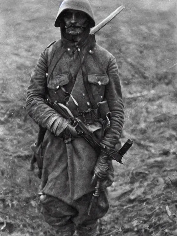 Image similar to portrait of grim reaper on the battlefield, ww1 photo, grainy, high detail, high resolution,