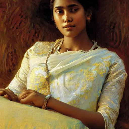 Prompt: detailed portrait of sri lankan girl, girl graceful, eyes closed, painting by gaston bussiere, craig mullins, j. c. leyendecker