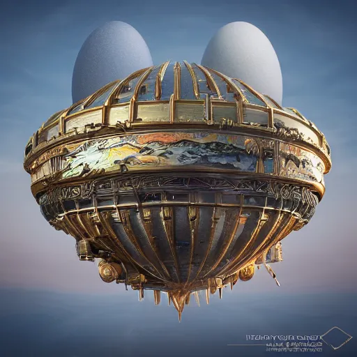 Prompt: enormous flying city in a faberge egg, sky, steampunk, fantasy art, octane render