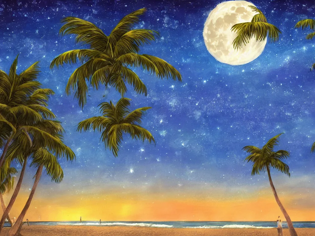 Image similar to night on a summer miami city beach, you can see part of the city, palm trees, footprints in the sand, full moon reflected in the calm ocean, starry sky 8 k, ultra detailed, trending on artstation, digital painting
