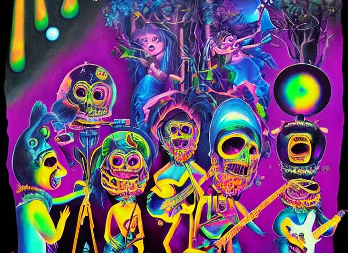 Image similar to a metal band holds a concert in the shadow dimension, an ultrafine detailed painting by lisa frank, trending on deviantart, pop surrealism, whimsical, lowbrow, colorful