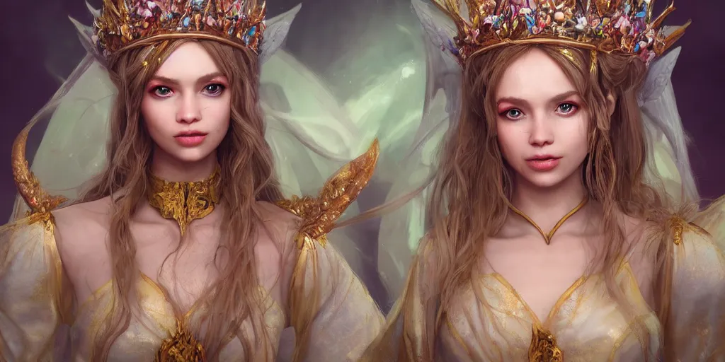 Prompt: fairy girl emperorit is decorated with long robes that fall like stars and wears a huge crown. fantasy art, photo realistic, dynamic lighting, artstation, poster, volumetric lighting, very detailed faces, 4 k, award winning, blender