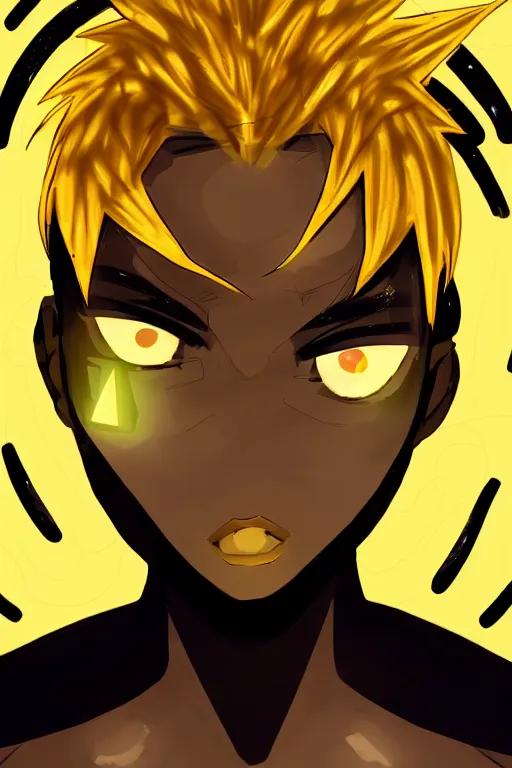 Image similar to glowing black male anime character, golden hair, yellow eyes, symmetrical, highly detailed, digital art, sharp focus, trending on art station, crazy hair, electricity superpowers, anime art style