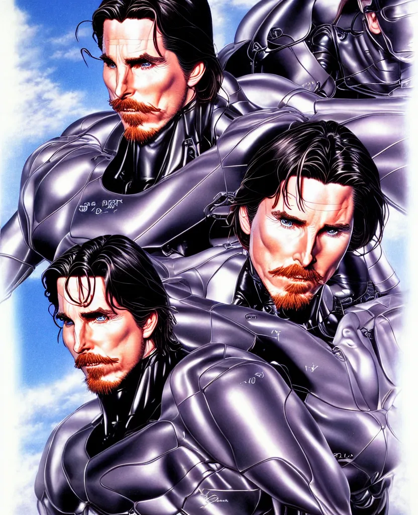 Prompt: realistic detailed portrait of christian bale 9 0 s movie poster symmetrical depth perception masterpiece depth of field vivid colors art by yoshitaka amano by yukito kishiro by yoshiyuki sadamoto by artgerm by hajime sorayama