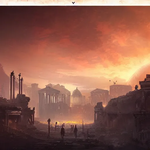 Image similar to rome in a post apocalyptic earth as seen by greg rutkowski, dark theme, enchanted, warm colors, high quality, waw, trending on artstation