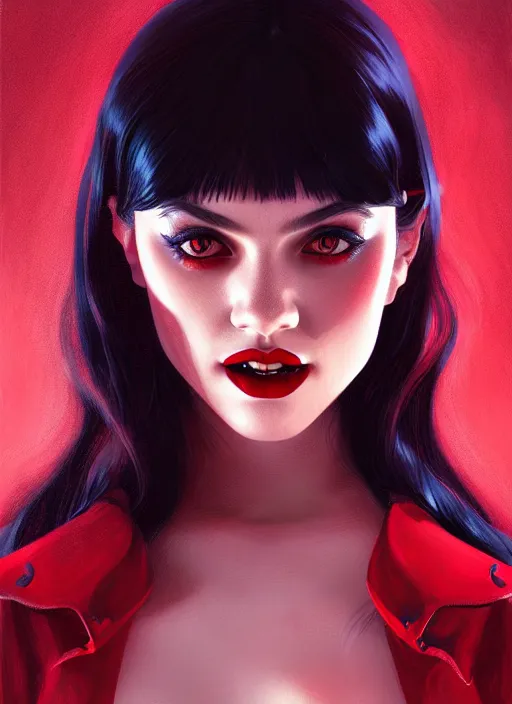 Image similar to portrait of vampire veronica lodge with bangs, vampire fangs, vampire, long hair, red clothes, bangs, vampironica, intricate, elegant, glowing lights, highly detailed, digital painting, artstation, concept art, smooth, sharp focus, illustration, art by wlop, mars ravelo and greg rutkowski