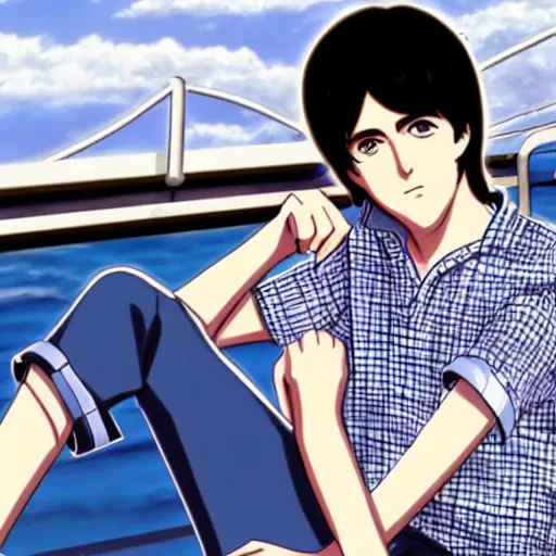 Image similar to anime illustration of young Paul McCartney from the Beatles, wearing a blue and white check shirt and watch, relaxing on a yacht at sea, screenshot from Your Name (2016)