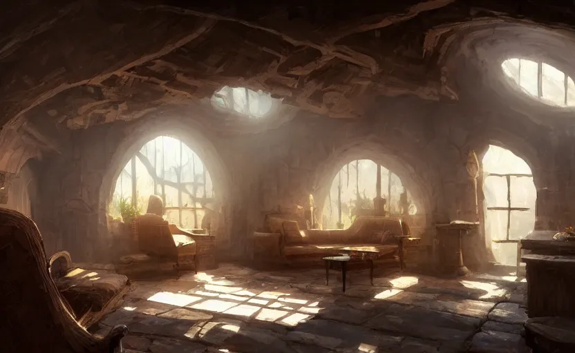 Image similar to painting of an interior of a hidden, cozy ring - shaped living quarters overlooking the great room, well maintained, clean, medieval, fantasy genre, natural light, fantasy, natural light, concept art, by greg rutkowski and craig mullins, cozy atmospheric and cinematic lighting, trending on artstation