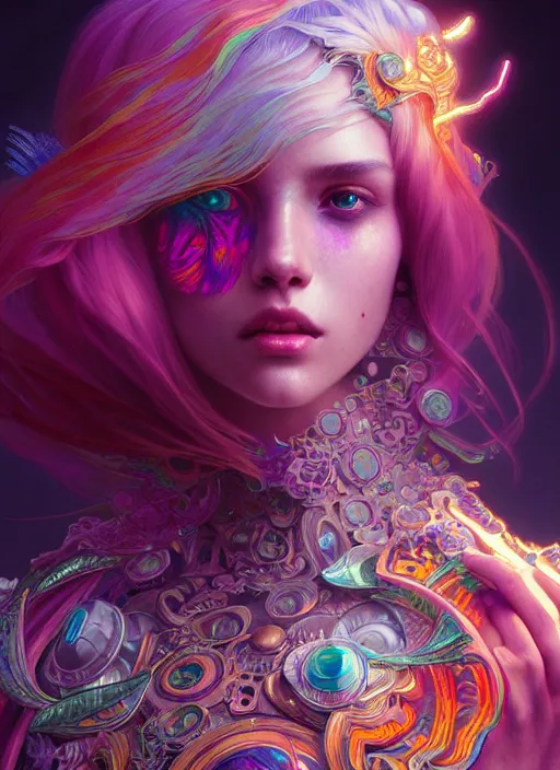 Image similar to hyper detailed ultra sharp of a beautiful necromancer girl. trending on artstation, vaporwave aesthetic, synthwave, colorful, psychedelic, ornate, intricate, digital painting, concept art, smooth, sharp focus, illustration, art by artgerm and greg rutkowski and alphonse mucha, 8 k