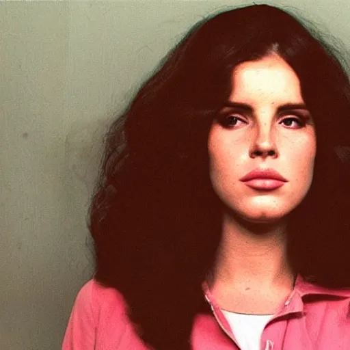 Image similar to lana Del Rey mugshot, 1970s, big hair