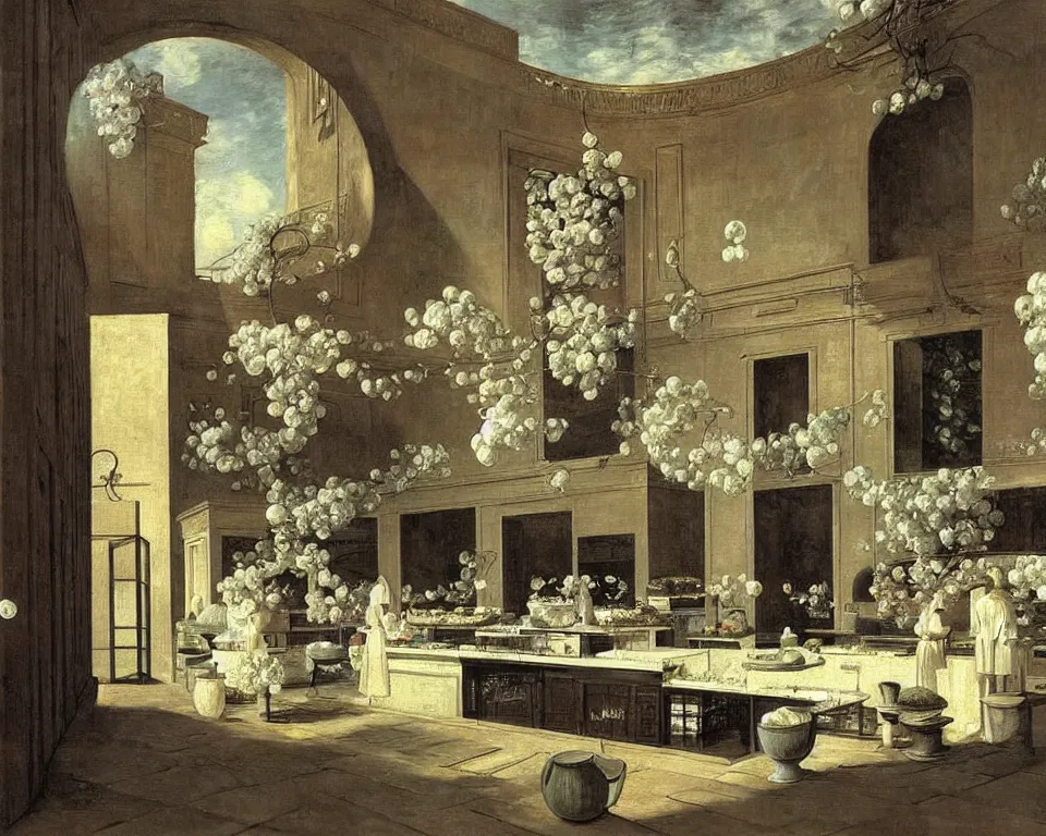 Prompt: achingly beautiful painting of a sophisticated, well - decorated bakery kitchen by rene magritte, monet, and turner. giovanni battista piranesi.