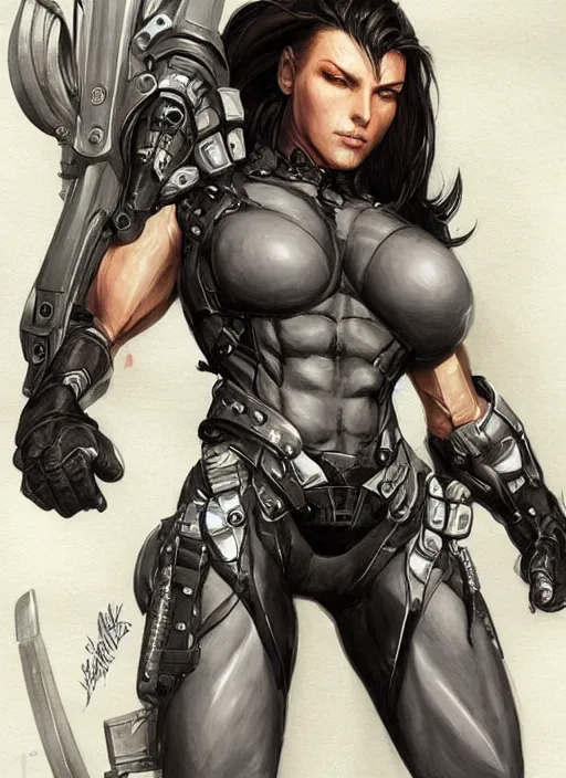 Image similar to very muscled Amazon jetstream sam from metal gear rising as a ruggedly mean looking heroine, intricate, elegant, highly detailed, centered, digital painting, artstation, concept art, smooth, sharp focus, illustration, art by artgerm and donato giancola and Joseph Christian Leyendecker, WLOP