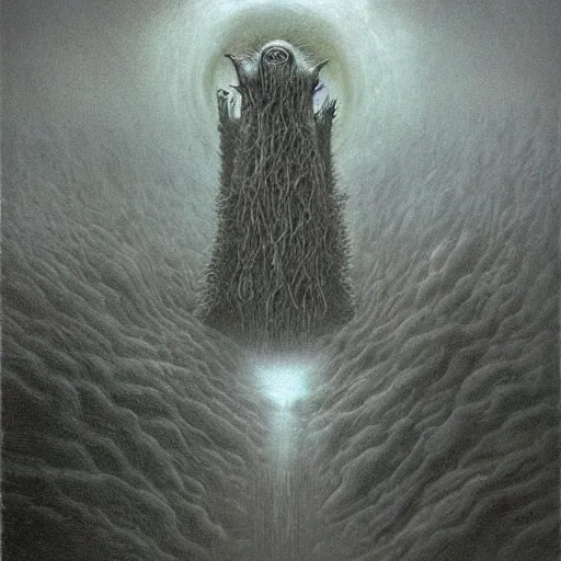 Image similar to fenrir beksinski, eldritch, apocalypse, creepy creature, horror spooky