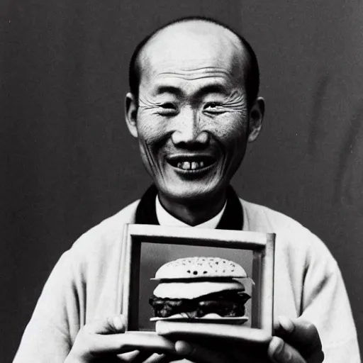 Image similar to a photo of a happy man from qing empire holding a hamburger, award winning photo, high quality, 1 9 th century photo, highly detailed, black and white