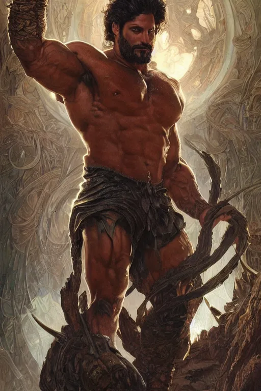 Image similar to portrait of joe manganiello as a hulking herculean demon, forest, godlike, full body, fantasy, intricate, elegant, highly detailed, digital painting, artstation, concept art, sharp focus, illustration, art by artgerm and greg rutkowski and alphonse mucha