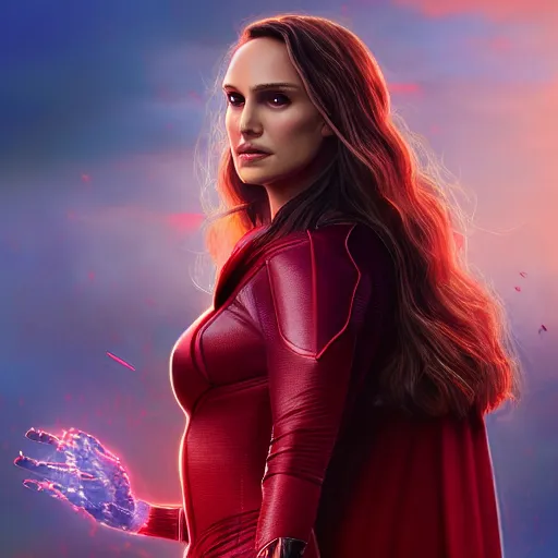 Image similar to Natalie Portman as scarlet witch from MCU, highly detailed, artstation, 8K HDR, sunset.