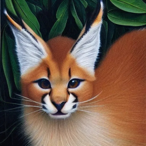 Prompt: cute fluffy caracal wearing laurel wreath, illustration, high detail, francine van hove