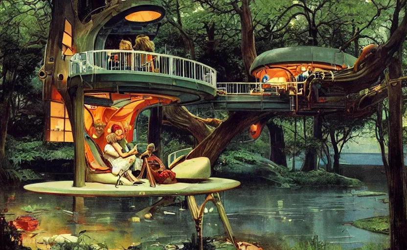 Prompt: a scene of futuristic treehouse lounge by water.. highly detailed science fiction painting by norman rockwell, frank frazetta, and syd mead. rich colors, high contrast, gloomy atmosphere, dark background. trending on artstation