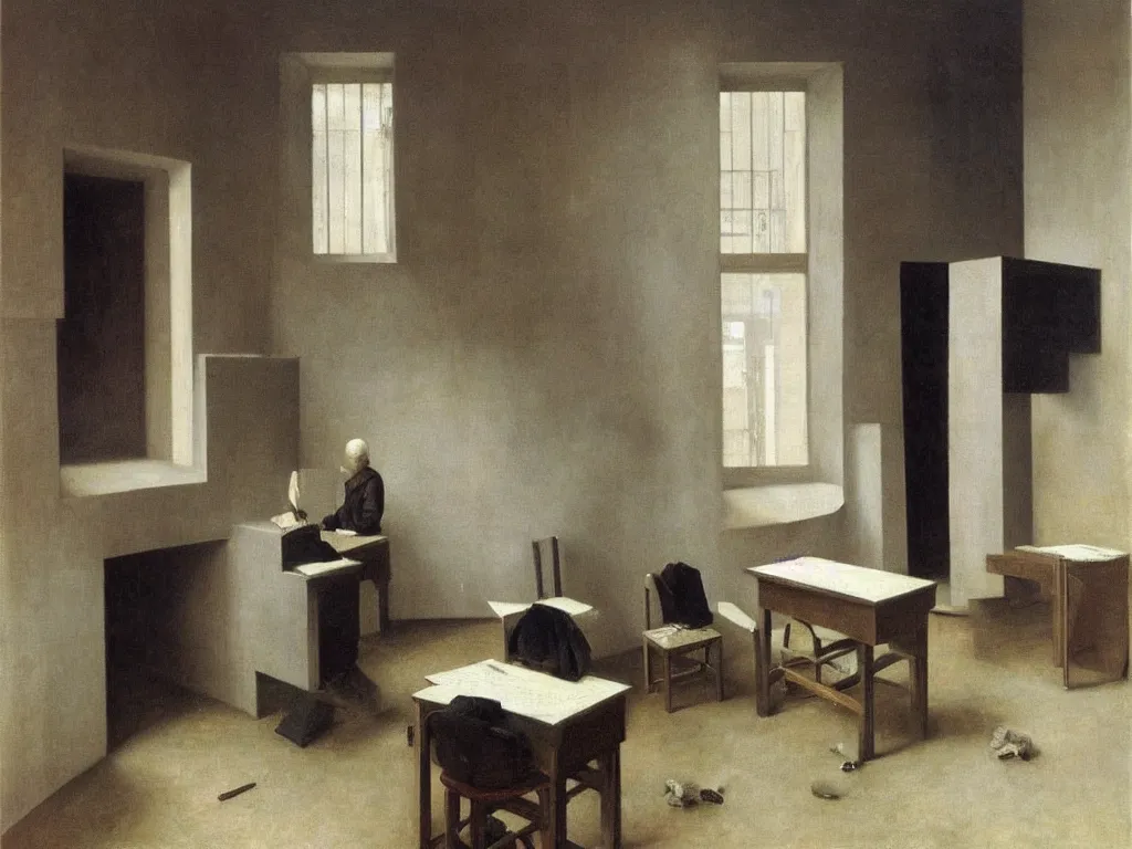 Image similar to Brutalist interior of an crazy imaginative sculptor studio. Painting by Vilhelm Hammershoi, Rene Magritte, Caravaggio