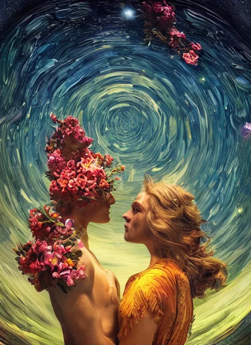 Image similar to An epic fantastic realism comic book style painting of the most beautiful entwined flowers launched across the dark and starry night sky, nebulous bouquets, fisheye lens, unreal 5, DAZ, hyperrealistic, octane render, dynamic lighting