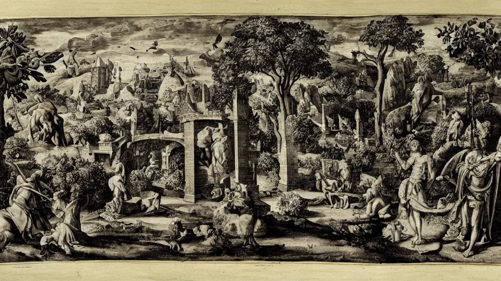 Prompt: a medieval chiaroscuro lithograph of a colossal sculpture garden, the merely beautiful bore me to death