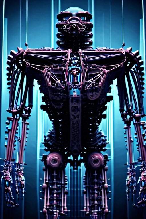 Prompt: photograph of a beautiful, bulky biomechanical creature that has a humanoid face, cinematic, realistic, hyperdetailed, futuristic, cyberpunk