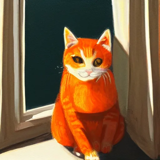 Image similar to painting of orange cat with white stripes in a room, with a window shining light into the room, magic hour