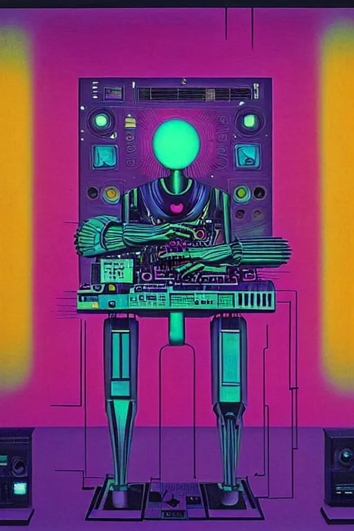 Image similar to 8 0 s art deco robot playing synthesizer, speakers, computers, studio, planets, cinematic dramatic cyberpunk textural fluid lines purple, pink, blue, green. otherworldly vaporwave interesting details fantasy lut epic composition by basquiat zdzisław beksinski james jean artgerm rutkowski moebius francis bacon gustav klimt