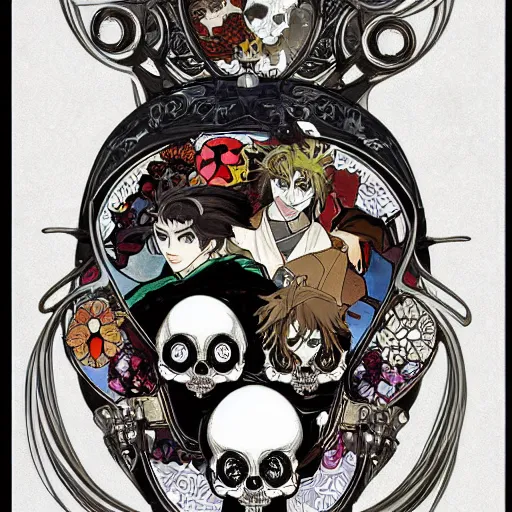 Image similar to anime manga skull portrait boys male cyborg face skeleton illustration style by Alphonse Mucha and Takashi Murakami pop art nouveau