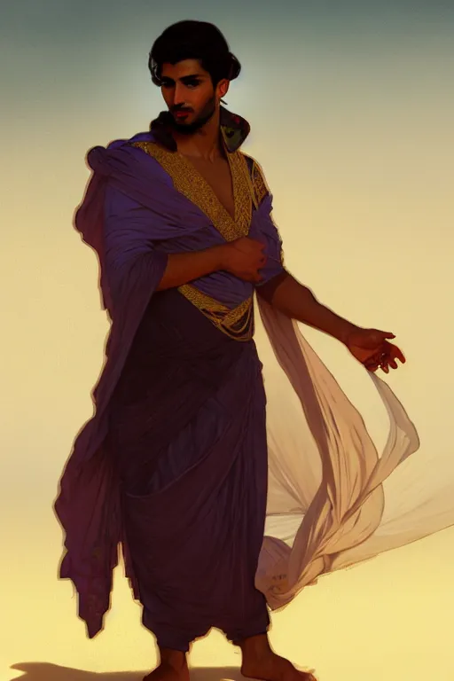 Prompt: full figure beautiful young fit arabic man with dark skin, dressed with multicolored fluent clothes, luminous scene, by greg rutkowski and alphonse mucha, d & d character, gradient white to gold, in front of a dune desert background, highly detailed portrait, digital painting, artstation, concept art, smooth, sharp focus illustration, artstation hq