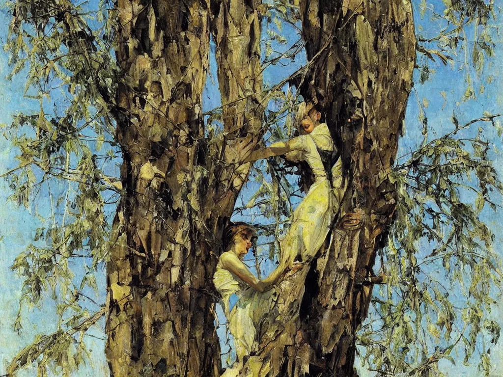 Image similar to tall woman climbing a tree, 1 9 6 0, denis sarazhin, oil on canvas