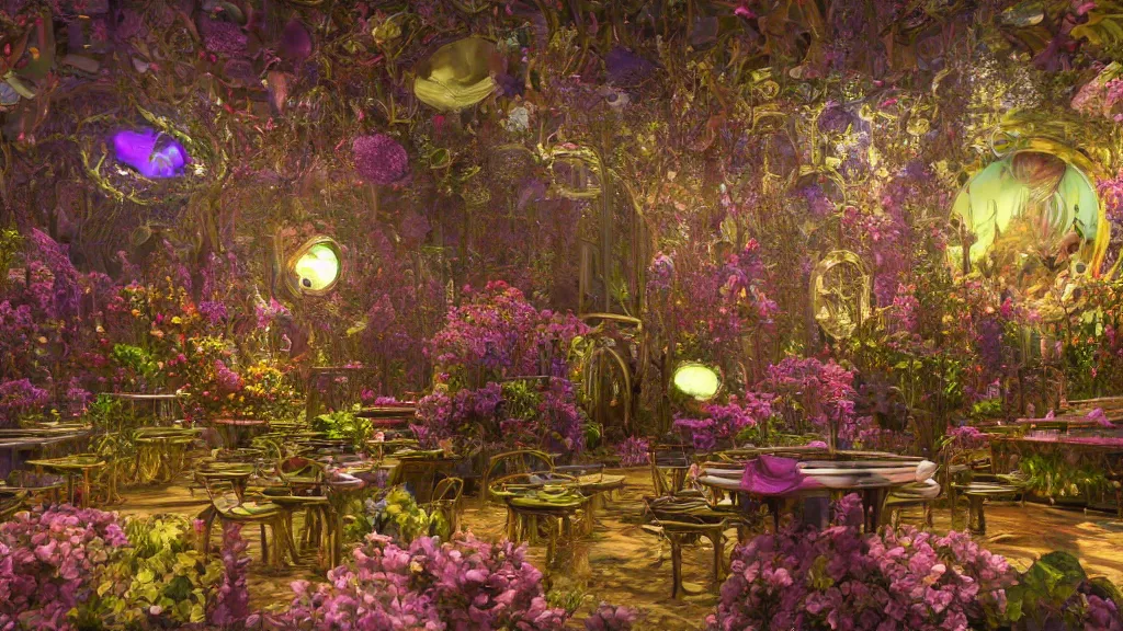 Image similar to a centered render of intricate modular synthesizer of cenacolo vinciano, shining its light across a tumultuous sea of flowers, undersea animals, gothic crystal tables and chairs by dorothea tanning and salvador dali, trending on artstation, cyber punk, soft color, unreal engine, high detailed, 8 k