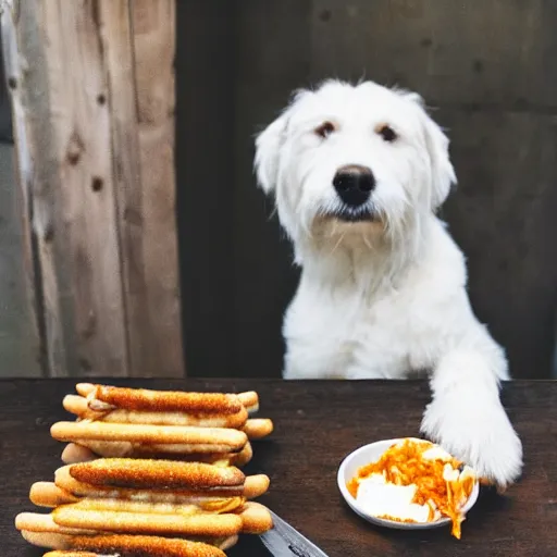Image similar to photo of a white dog eating a chili dog with cheese, 50mm, beautiful photo
