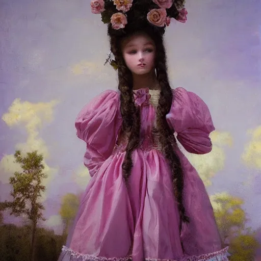 Image similar to 8 k, realism, tonalism, renaissance, rococo, baroque, cotton candy, portrait of a creepy young lady wearing long 1 9 7 0 s babydoll dress with flowers and skulls