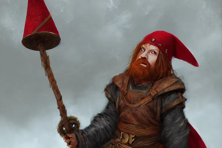 Image similar to realistic portrait of a red headed wild magic sorcerer dwarf wearing a wizard hat and holding a staff, 3d scene, render, ultra realistic, zenith view, Greg Rutkowski, artstation, cgsociety, level design, unreal engine, 3d scene, render, ultra realistic, zenith view, Enki Bilal style