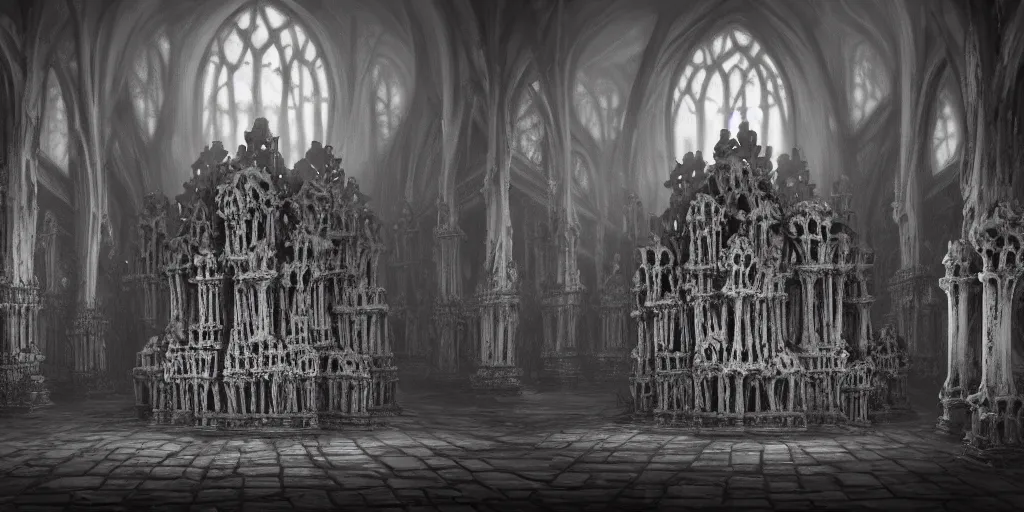 Prompt: low ultrawide interior shot of sedlec ossuary, covered in bones, smooth concept art in anime style mixed with full color fujifilm, dark, foggy, misty, atmospheric, trending on artstation, cgsociety, oil on canvas, denoise, cinematic masterpiece