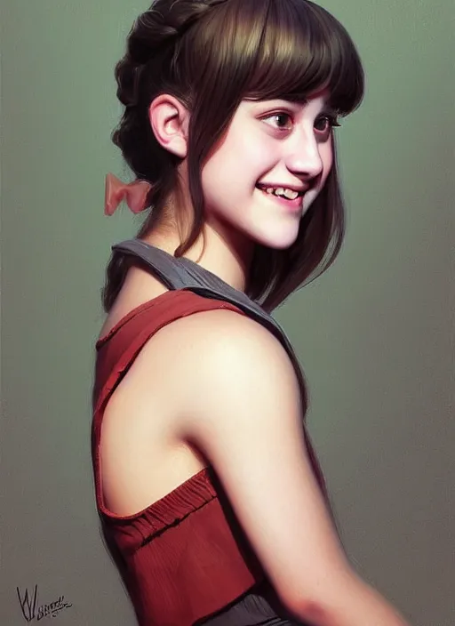 Image similar to portrait of teenage lili reinhart with bangs, smiling kindly, bangs, 1 9 6 0 s, ponytail, bangs and ponytail, intricate, elegant, glowing lights, highly detailed, digital painting, artstation, concept art, smooth, sharp focus, illustration, art by wlop, mars ravelo and greg rutkowski