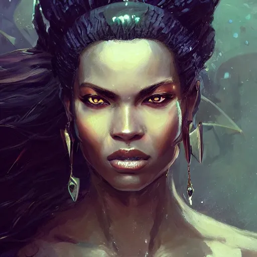 Prompt: A head-on detailed oil fantasy portrait of a beautiful black woman with pale green eyes and long white hair by greg rutkowski and artgerm, trending on artstation, dungeon and dragons art