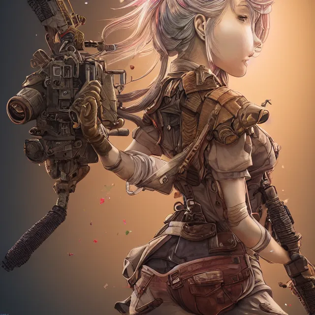 Prompt: the portrait of lawful neutral semi - colorful female infantry gunner as absurdly beautiful, gorgeous, elegant, young gravure idol, an ultrafine hyperdetailed illustration by kim jung gi, irakli nadar, intricate linework, bright colors, octopath traveler, final fantasy, unreal engine 5 highly rendered, global illumination, radiant light, detailed and intricate environment